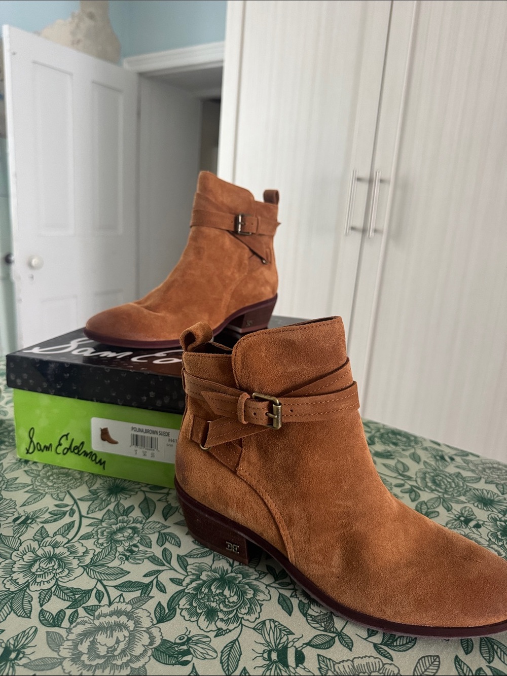 NIB Sam Edelman BROWN Suede Ankle Booties with Buckle Strap POLINA